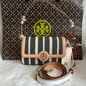 Tory Burch Felix Striped Canvas Mini Flap Shoulder Bag Crossbody Canvas Black